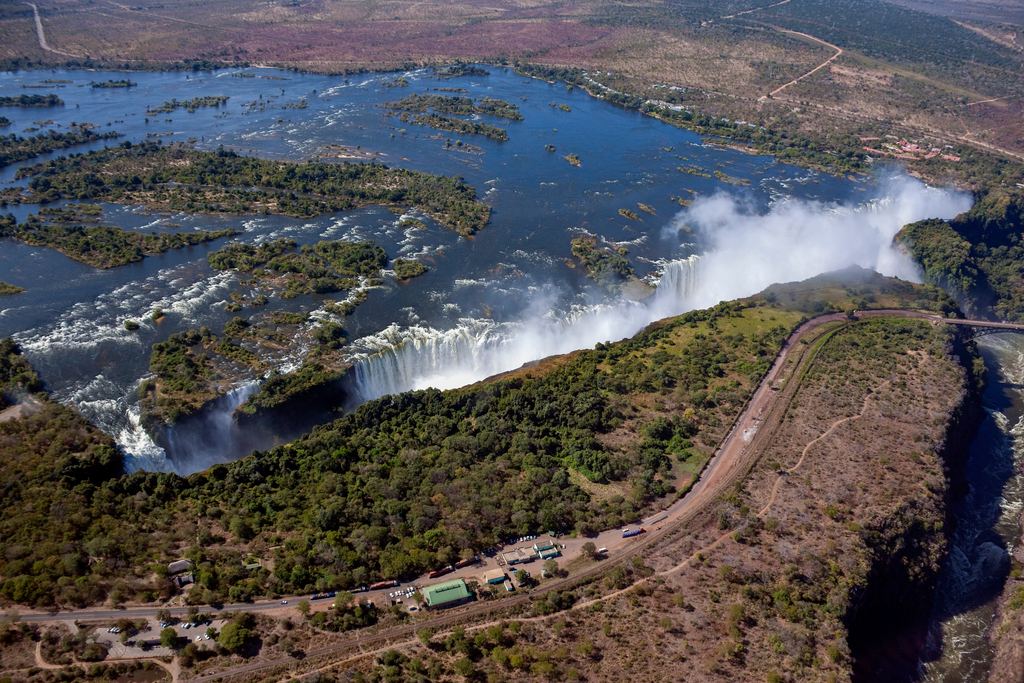 Aerial view of Victoria Falls and the gorge below it, on the border of Zambia and Zimbabwe
