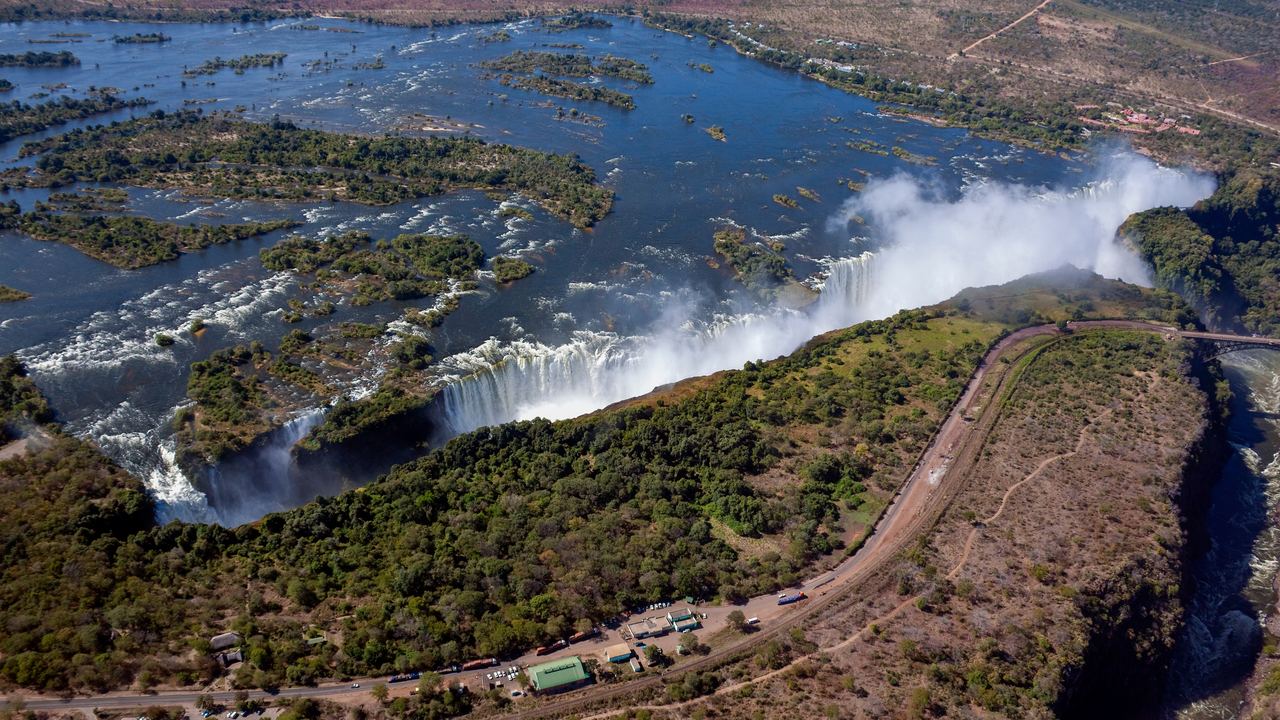 Aerial view of Victoria Falls and the gorge below it, on the border of Zambia and Zimbabwe