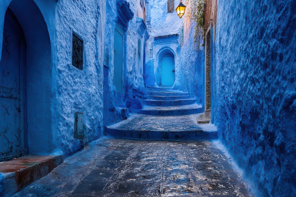 Blue-washed stepped alley with a lantern in Chefchaouen, Morocco