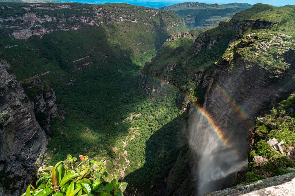 Cachoeira da Fumaça in Chapada Diamantina falling into a forested canyon with a rainbow in the spray