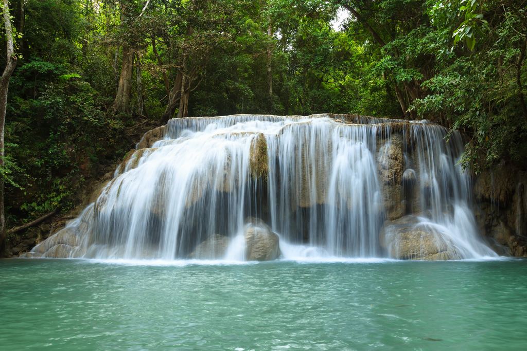 The wide second-level fall at Erawan National Park, Kanchanaburi, Thailand
