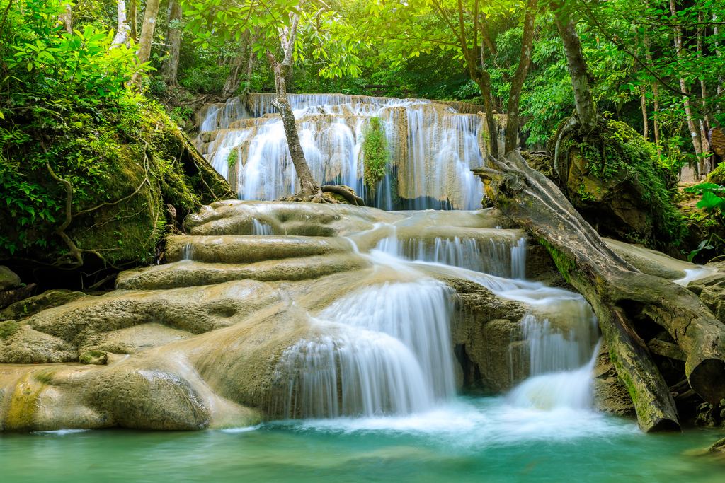 Water running down limestone steps at Erawan National Park, Kanchanaburi, Thailand