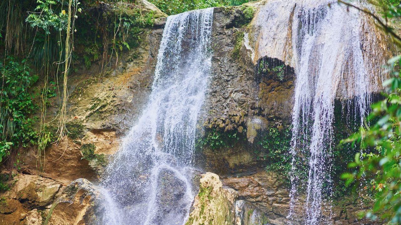 Gozalandia waterfall in San Sebastián, Puerto Rico, falling over rock into a forest pool