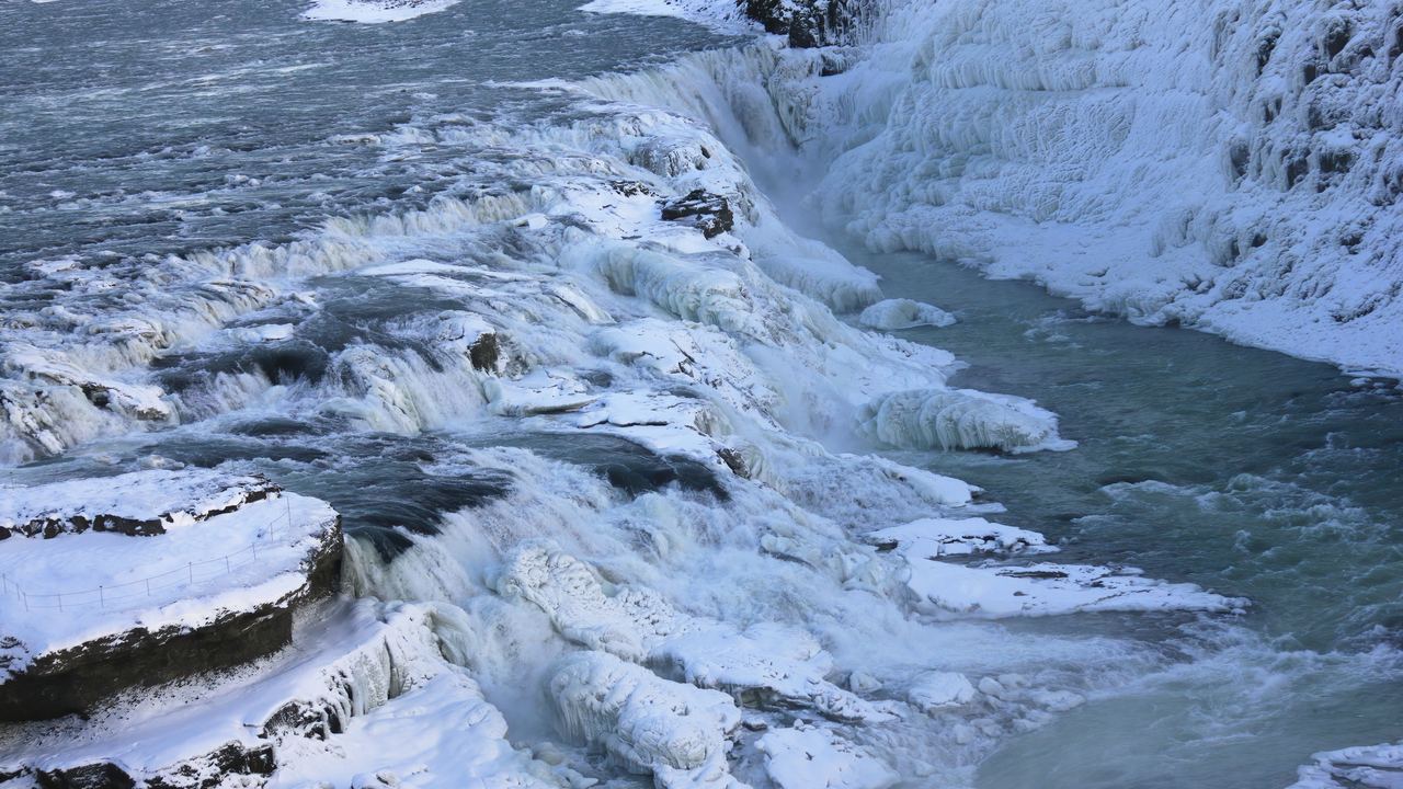 Gullfoss in Iceland in winter, with ice and snow along the banks and open water in the river channel