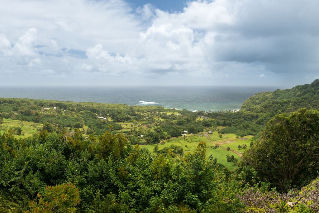 Panoramic view over the Keanae peninsula and its taro fields on the north coast of Maui