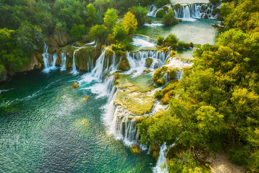 Aerial view of tufa cascades and green pools in Krka National Park, Croatia