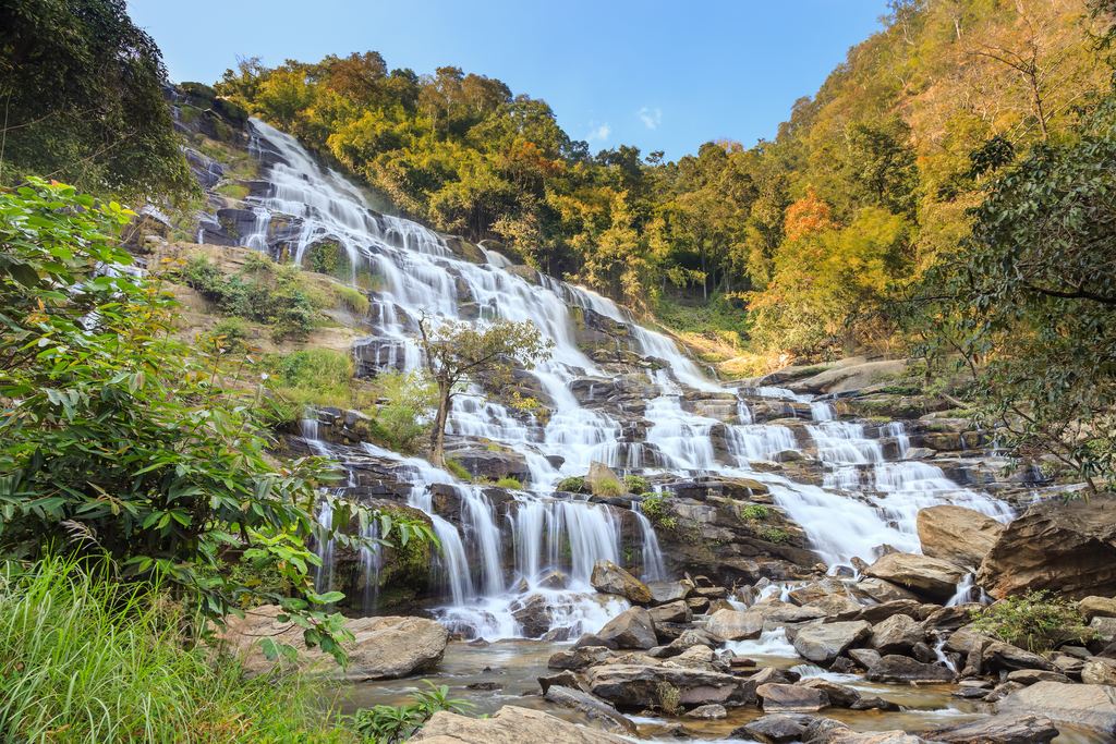 Mae Ya waterfall, a wide staircase of falls in Doi Inthanon National Park, Chiang Mai, Thailand