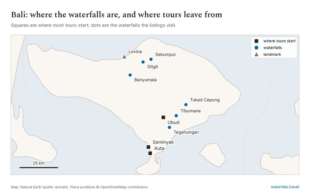 Map of Bali showing the main waterfalls and the towns where tours start