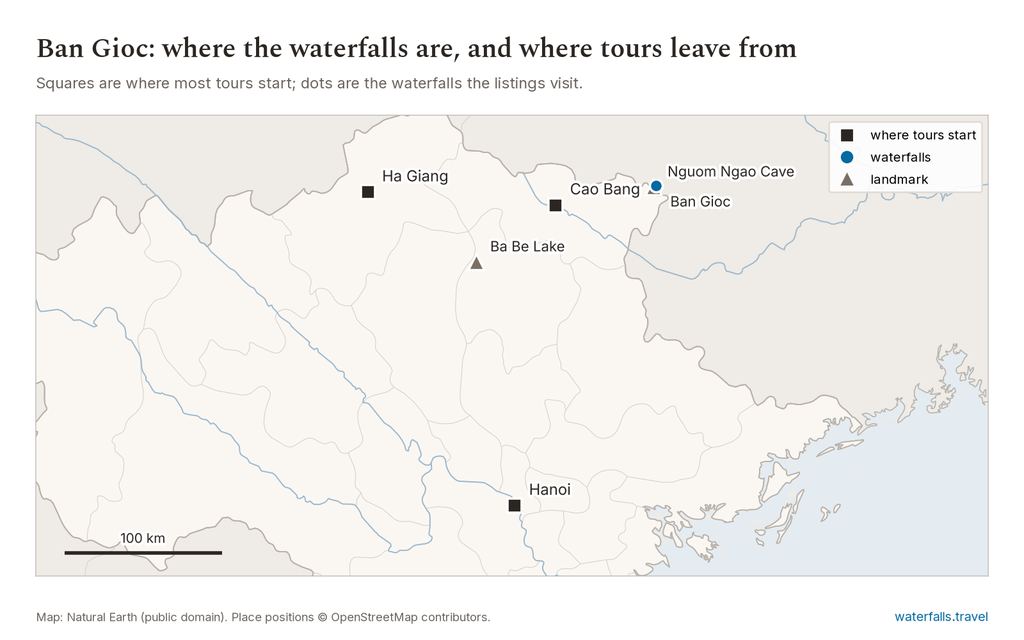 Map of Ban Gioc Waterfall Tours showing the main waterfalls and the towns where tours start