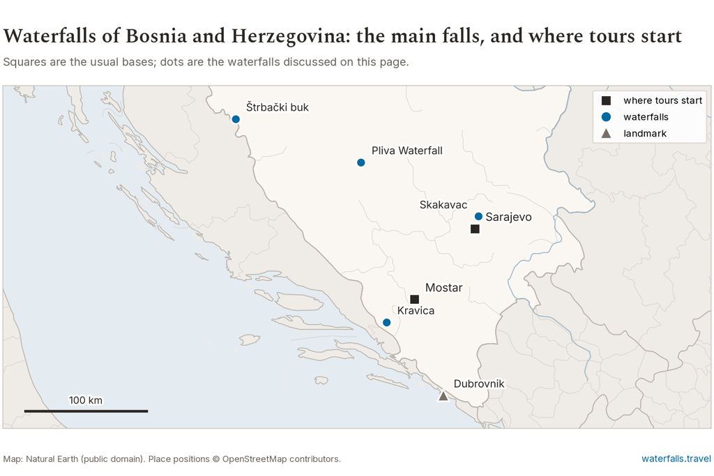 Map of Bosnia and Herzegovina showing the main waterfalls and the towns where tours start