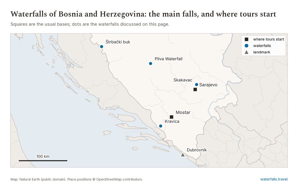 Map of Bosnia and Herzegovina showing the main waterfalls and the towns where tours start