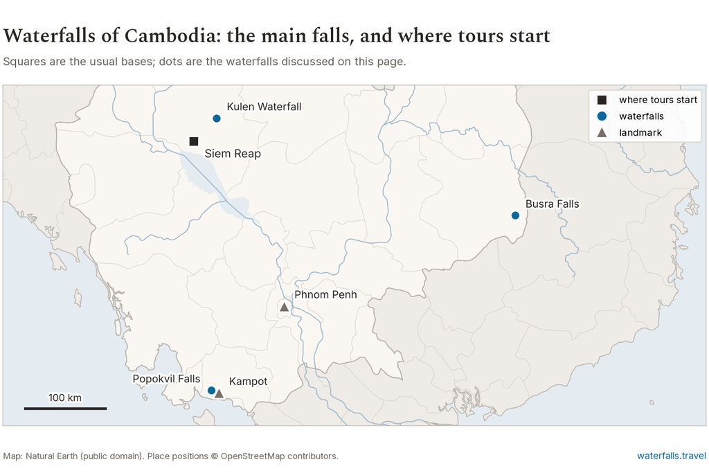 Map of Cambodia showing the main waterfalls and the towns where tours start