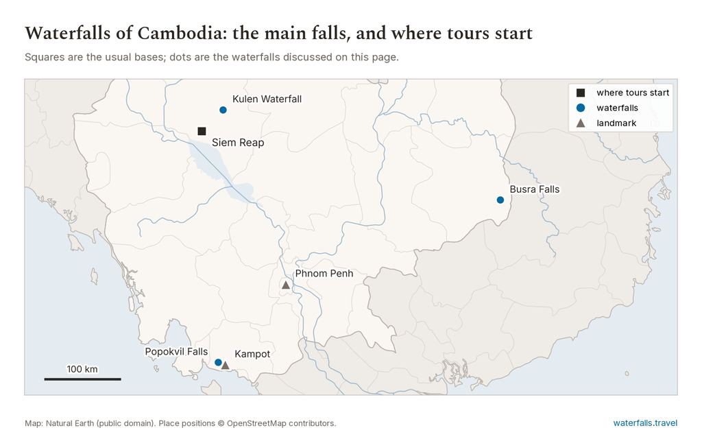 Map of Cambodia showing the main waterfalls and the towns where tours start