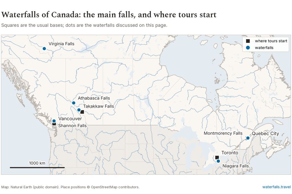 Map of Canada showing the main waterfalls and the towns where tours start