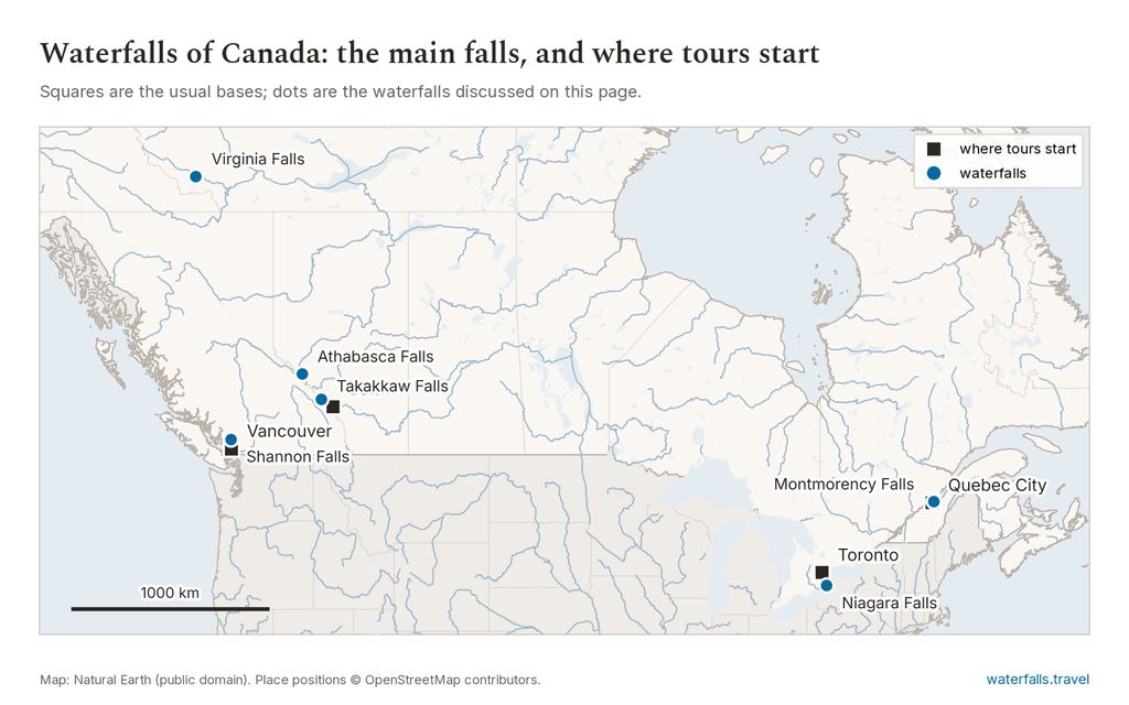 Map of Canada showing the main waterfalls and the towns where tours start