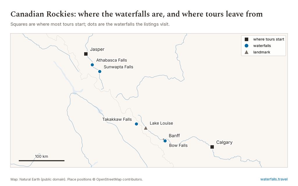 Map of Canadian Rockies Waterfall Tours showing the main waterfalls and the towns where tours start