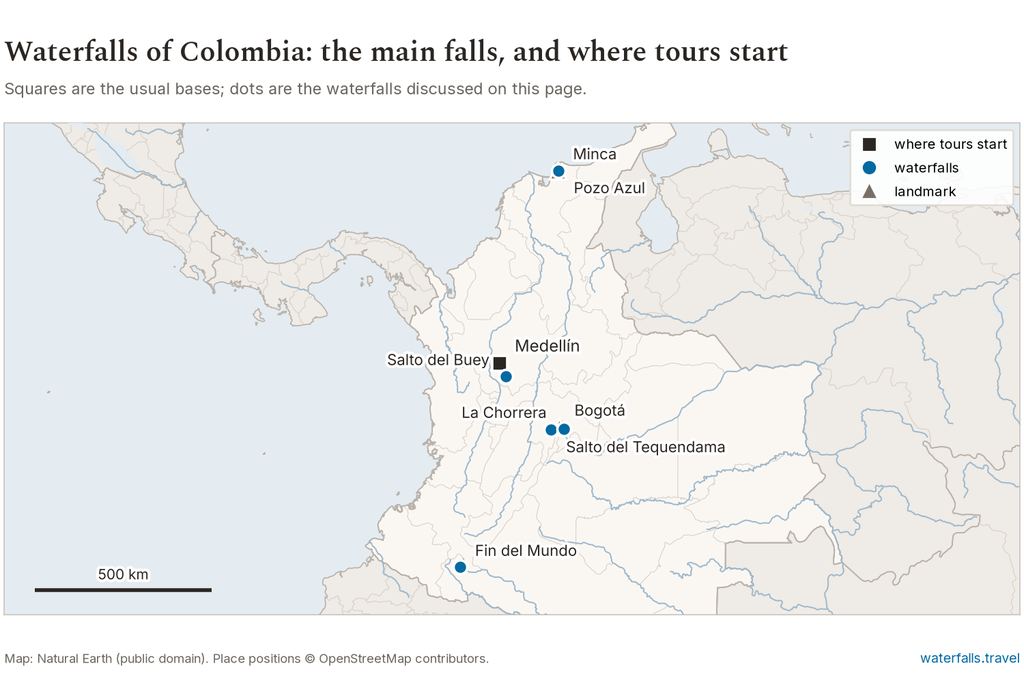 Map of Colombia showing the main waterfalls and the towns where tours start