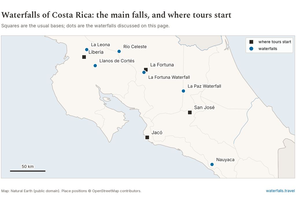 Map of Costa Rica showing the main waterfalls and the towns where tours start
