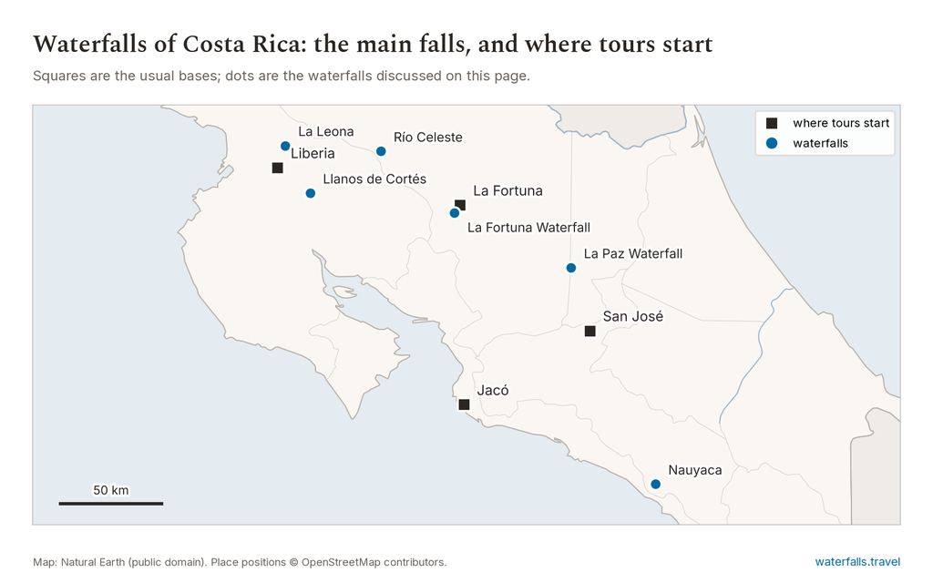 Map of Costa Rica with the main waterfalls and the towns where waterfall tours start