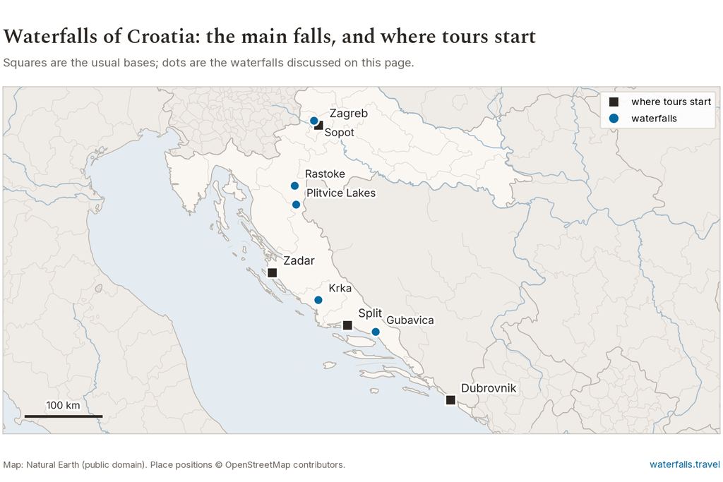 Map of Croatia showing the main waterfalls and the towns where tours start
