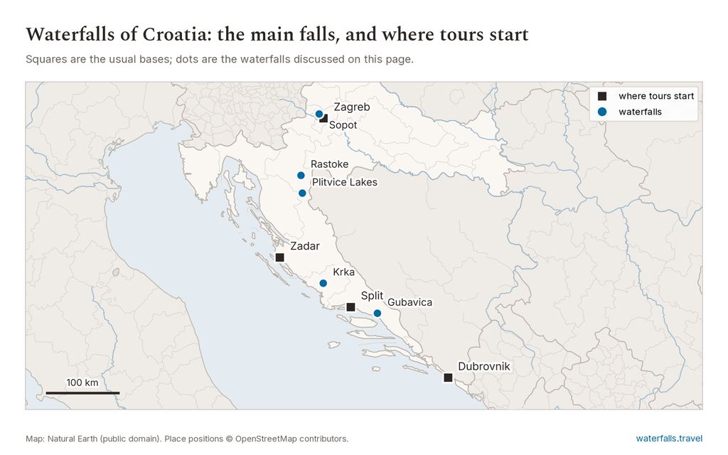 Map of Croatia showing the main waterfalls and the towns where tours start