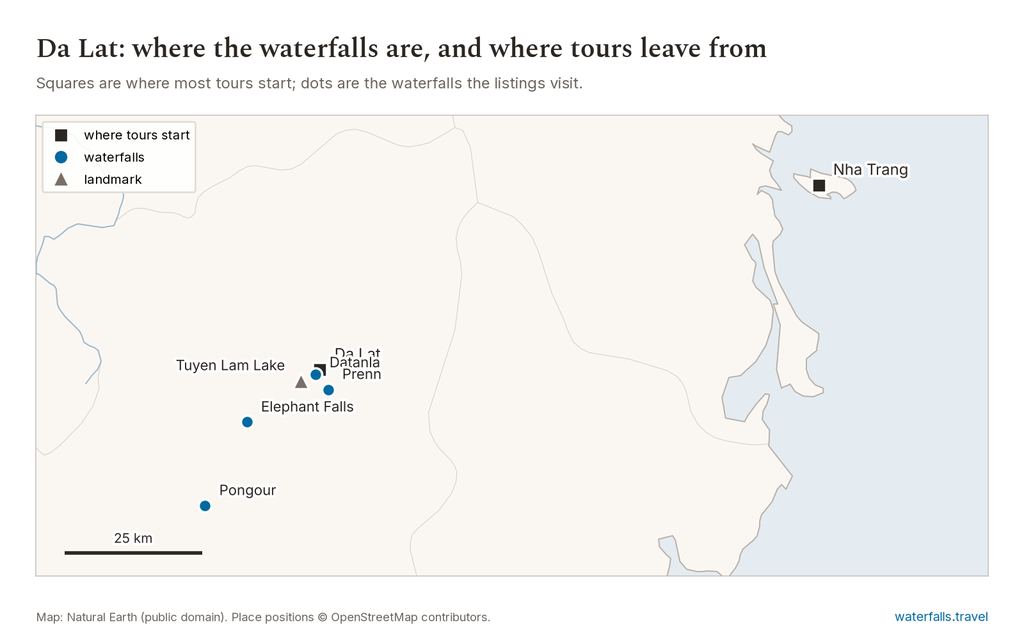 Map of Da Lat Waterfall Tours showing the main waterfalls and the towns where tours start