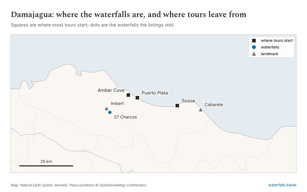 Map of Damajagua Falls (27 Charcos) Tours showing the main waterfalls and the towns where tours start