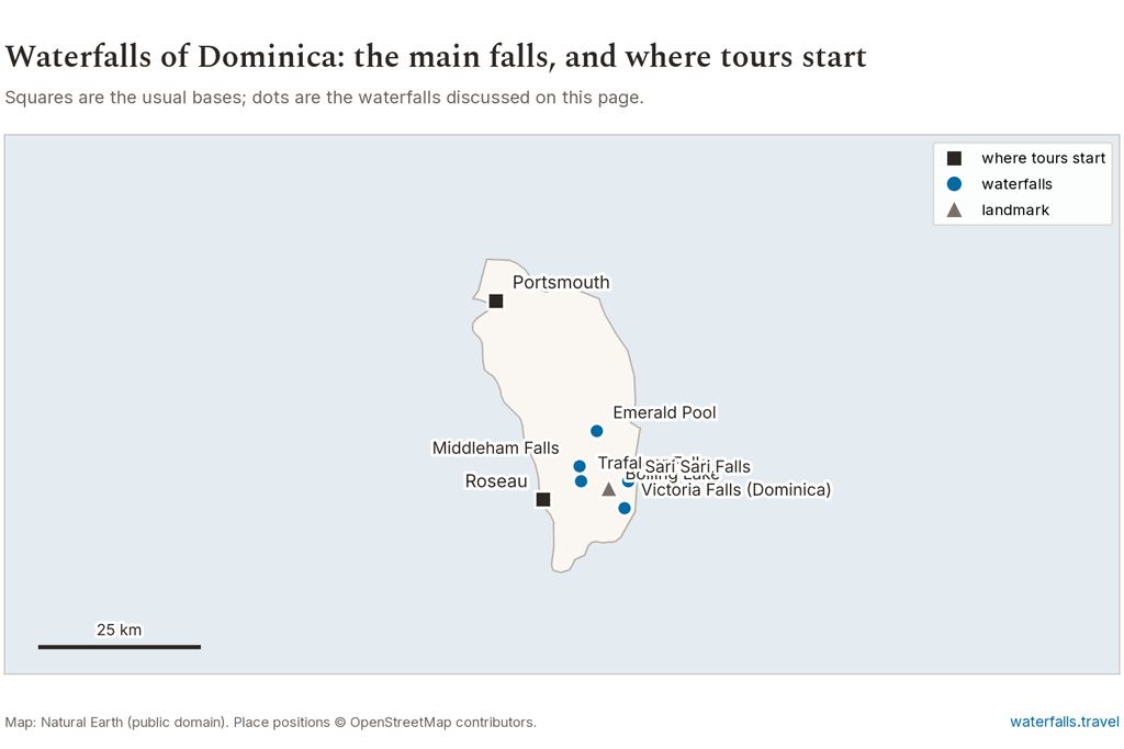 Map of Dominica showing the main waterfalls and the towns where tours start