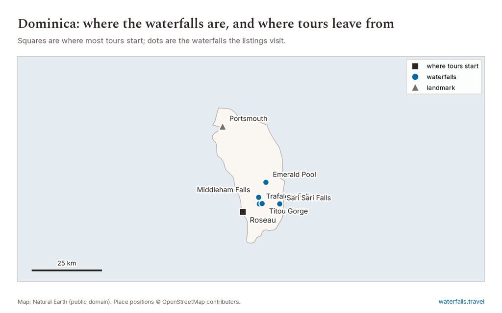Map of Dominica Waterfall Tours showing the main waterfalls and the towns where tours start