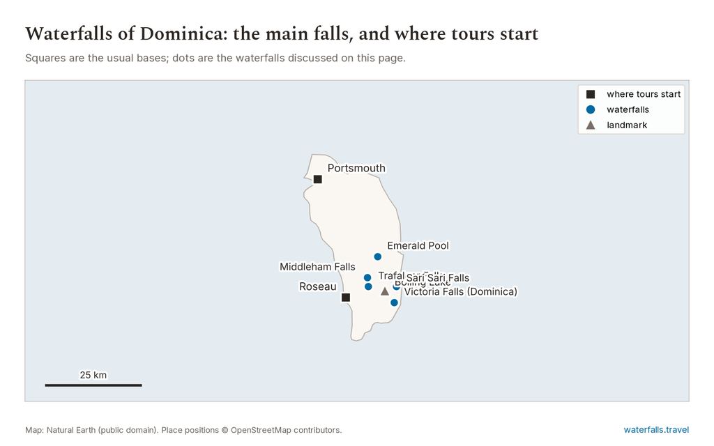 Map of Dominica showing the main waterfalls and the towns where tours start