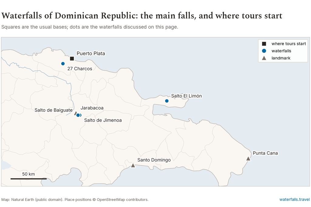 Map of Dominican Republic showing the main waterfalls and the towns where tours start