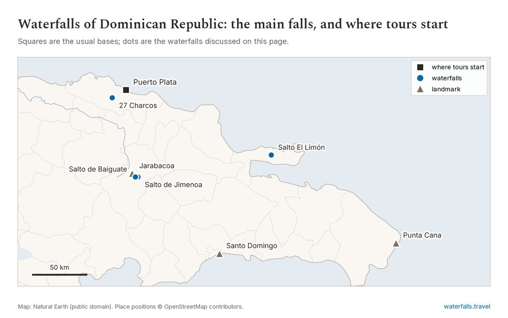 Map of Dominican Republic showing the main waterfalls and the towns where tours start