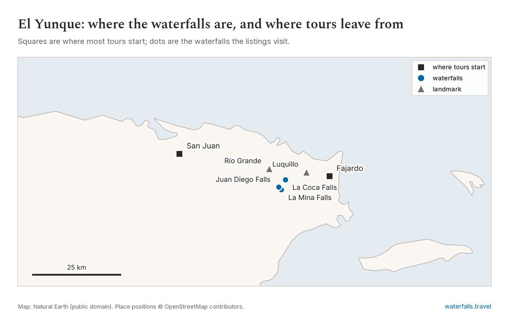 Map of El Yunque Waterfall Tours showing the main waterfalls and the towns where tours start