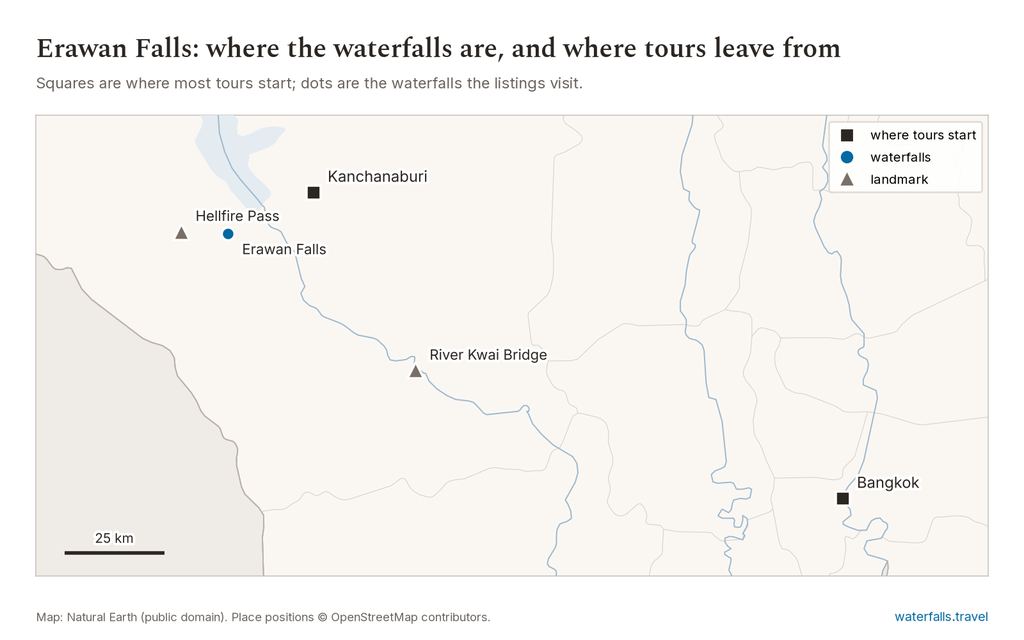 Map of Erawan Falls Tours showing the main waterfalls and the towns where tours start