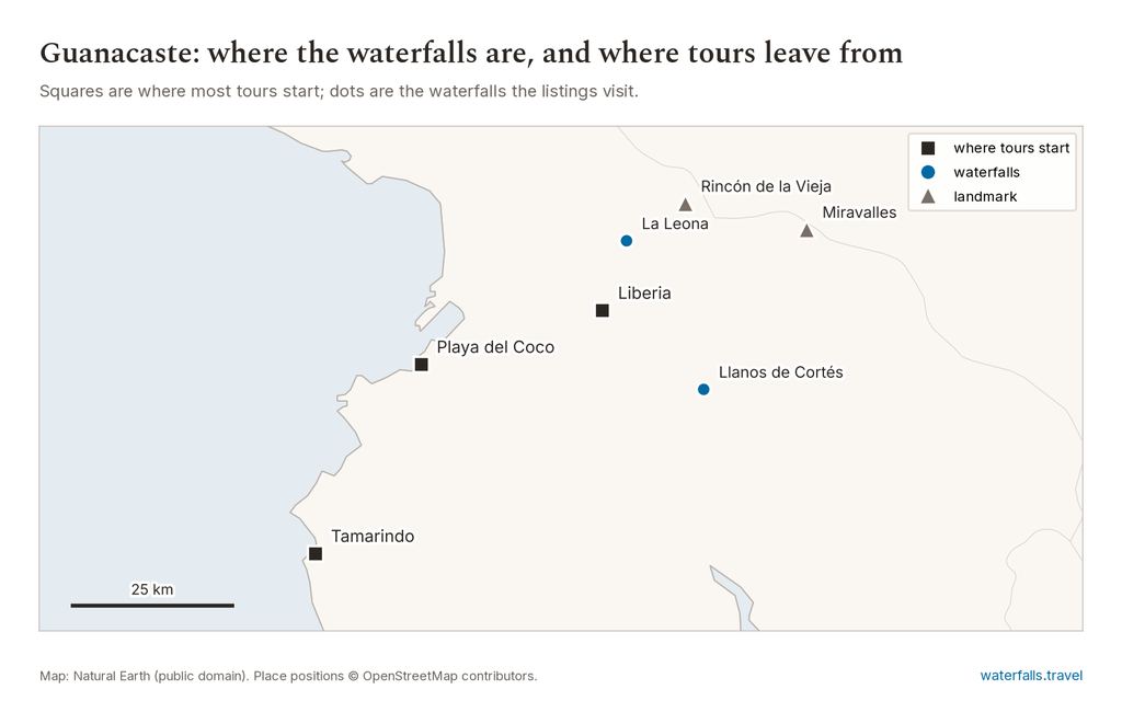 Map of Guanacaste showing the main waterfalls and the towns where tours start