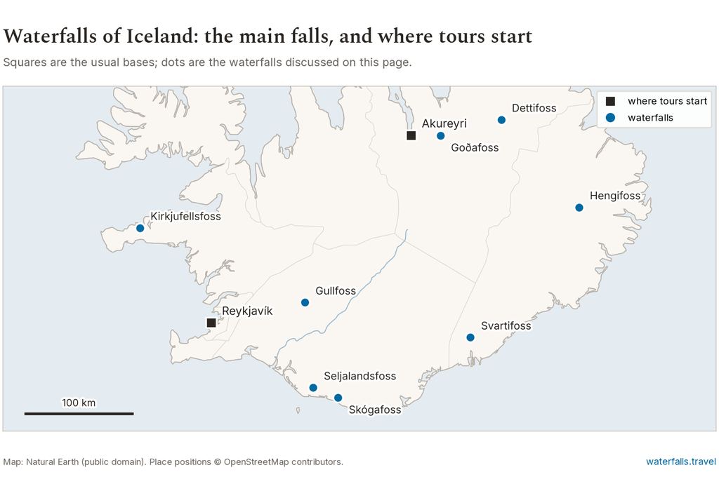 Map of Iceland showing the main waterfalls and the towns where tours start