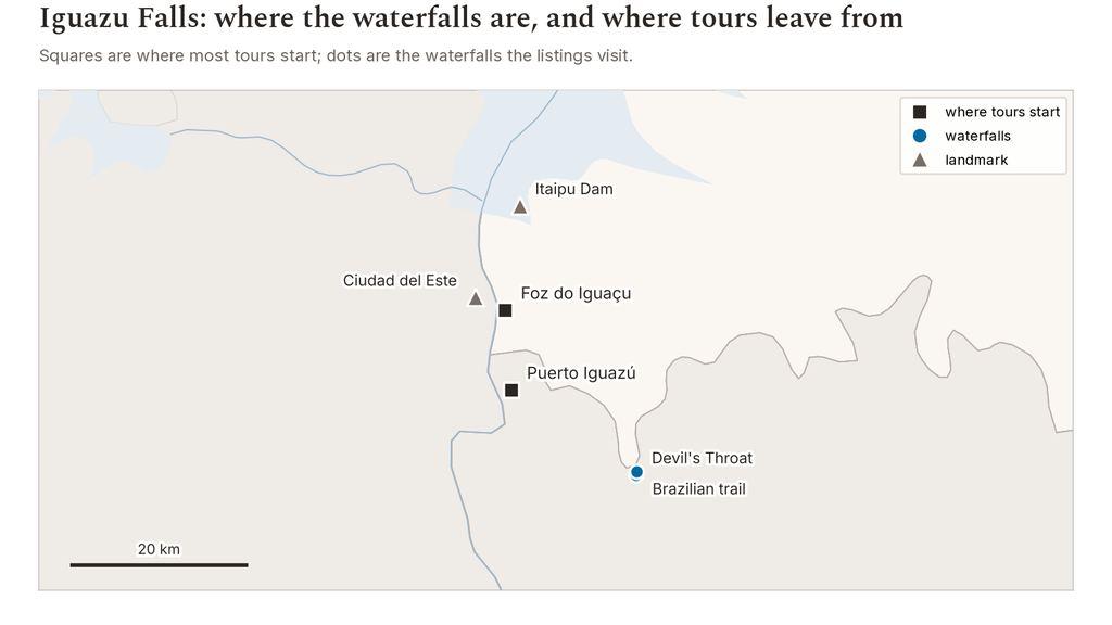Map of the Iguazú area showing Foz do Iguaçu, Puerto Iguazú, Ciudad del Este and the Brazilian trail