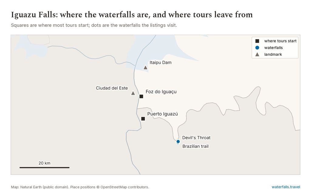 Map of Iguazu Falls showing the main waterfalls and the towns where tours start