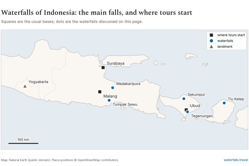 Map of Indonesia showing the main waterfalls and the towns where tours start
