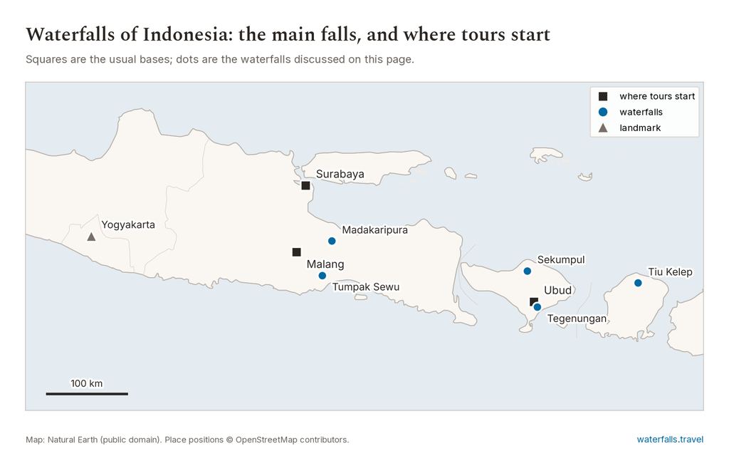 Map of Indonesia showing the main waterfalls and the towns where tours start