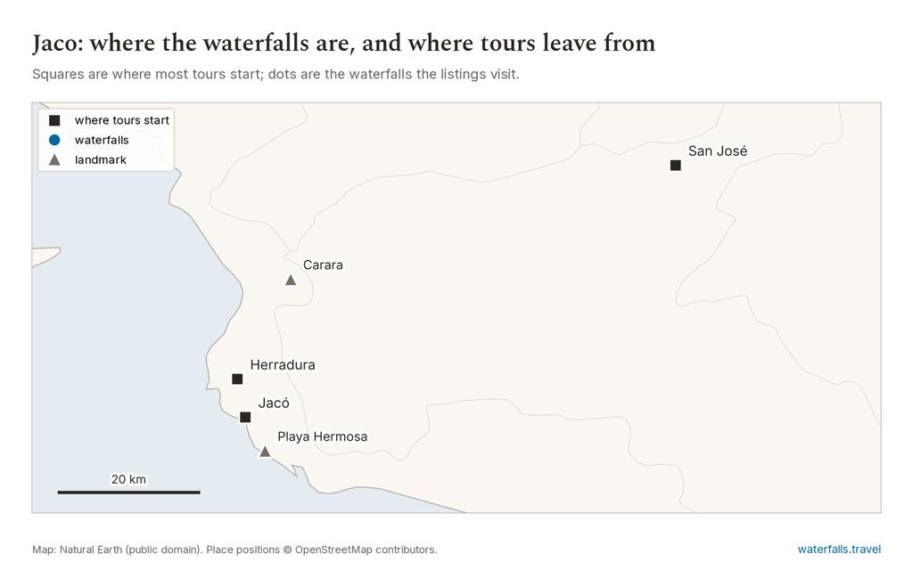 Map of Jaco Waterfall Tours showing the main waterfalls and the towns where tours start