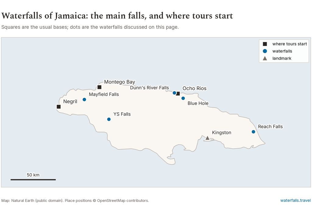 Map of Jamaica showing the main waterfalls and the towns where tours start
