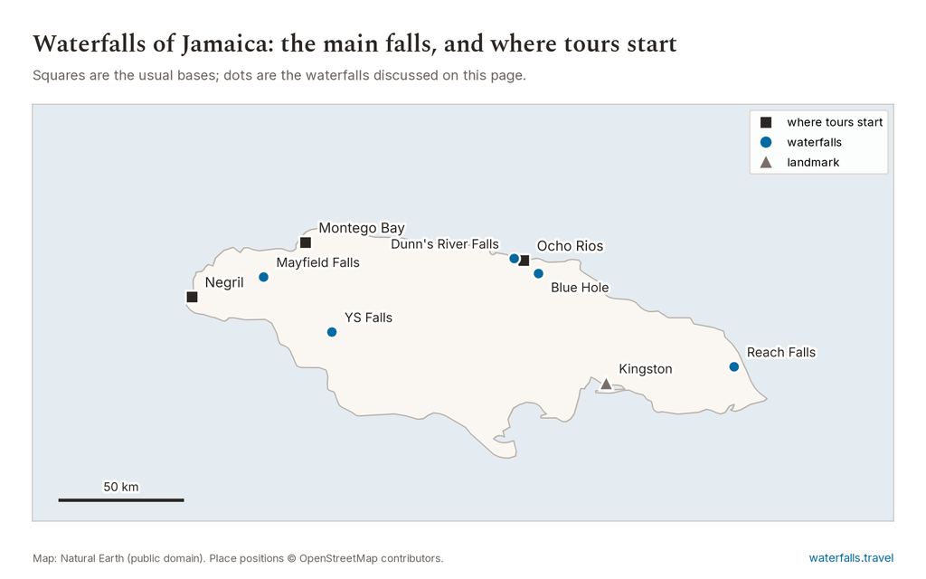 Map of Jamaica showing the main waterfalls and the towns where tours start
