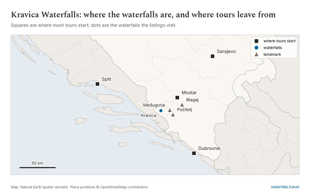 Map of Kravica Waterfalls showing the main waterfalls and the towns where tours start