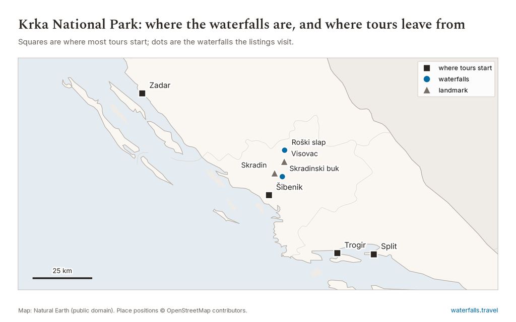 Map of Krka National Park showing the main waterfalls and the towns where tours start