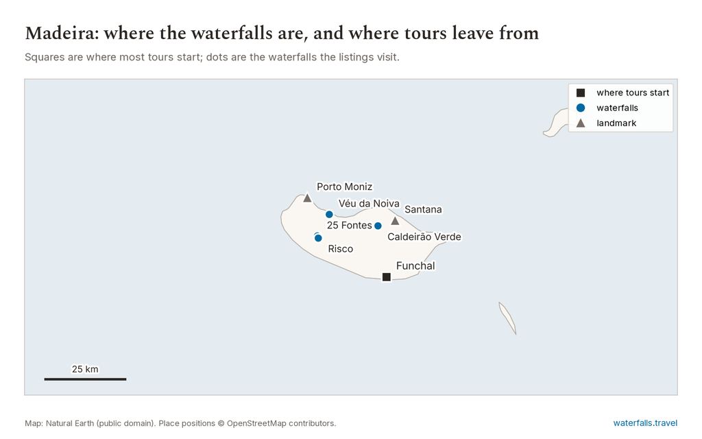 Map of Madeira Waterfall Tours showing the main waterfalls and the towns where tours start