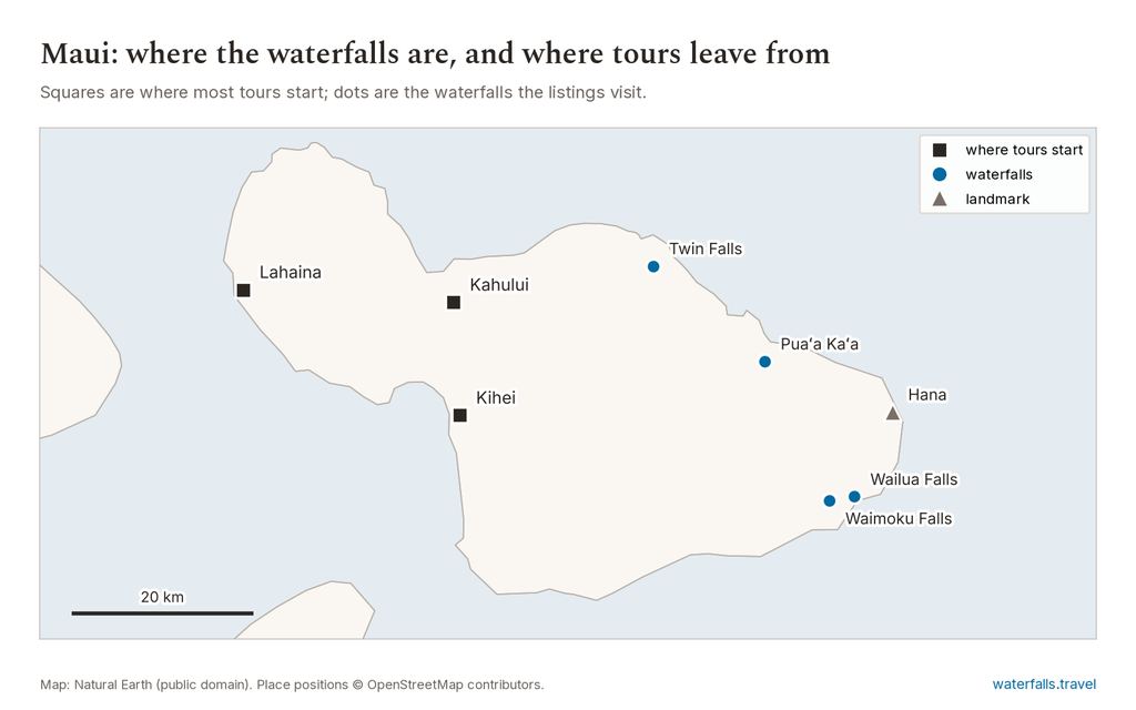 Map of Maui Waterfall Tours showing the main waterfalls and the towns where tours start