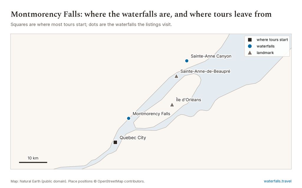 Map of Montmorency Falls Tours from Quebec City showing the main waterfalls and the towns where tours start