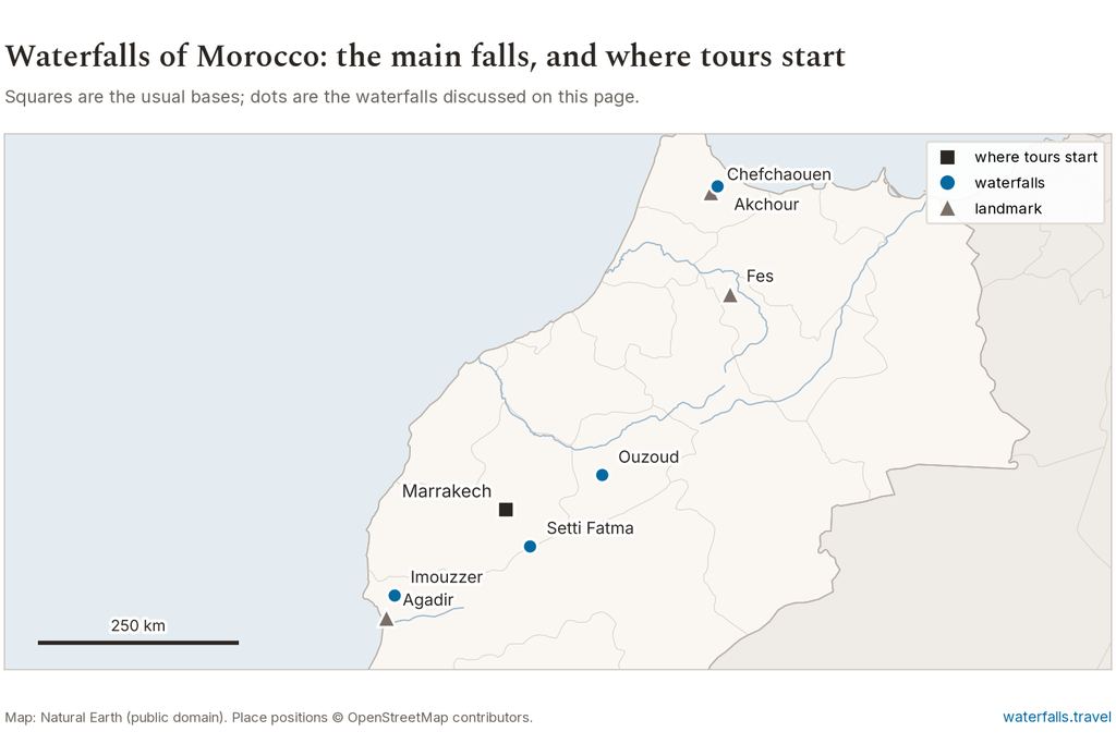 Map of Morocco showing the main waterfalls and the towns where tours start