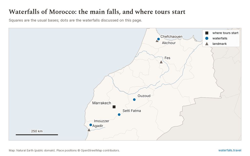 Map of Morocco showing the main waterfalls and the towns where tours start